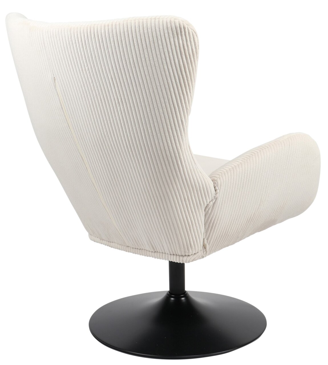 Rückansicht eines eleganten, cremefarbenen Sessels mit geripptem Stoffbezug und schwarzem, drehbarem Sockel.