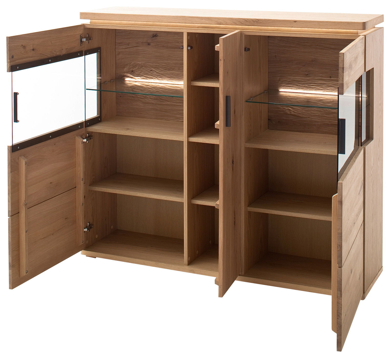 Geöffnetes Highboard aus Holz mit mehreren Fächern und Glaseinsätzen, frontale Perspektive