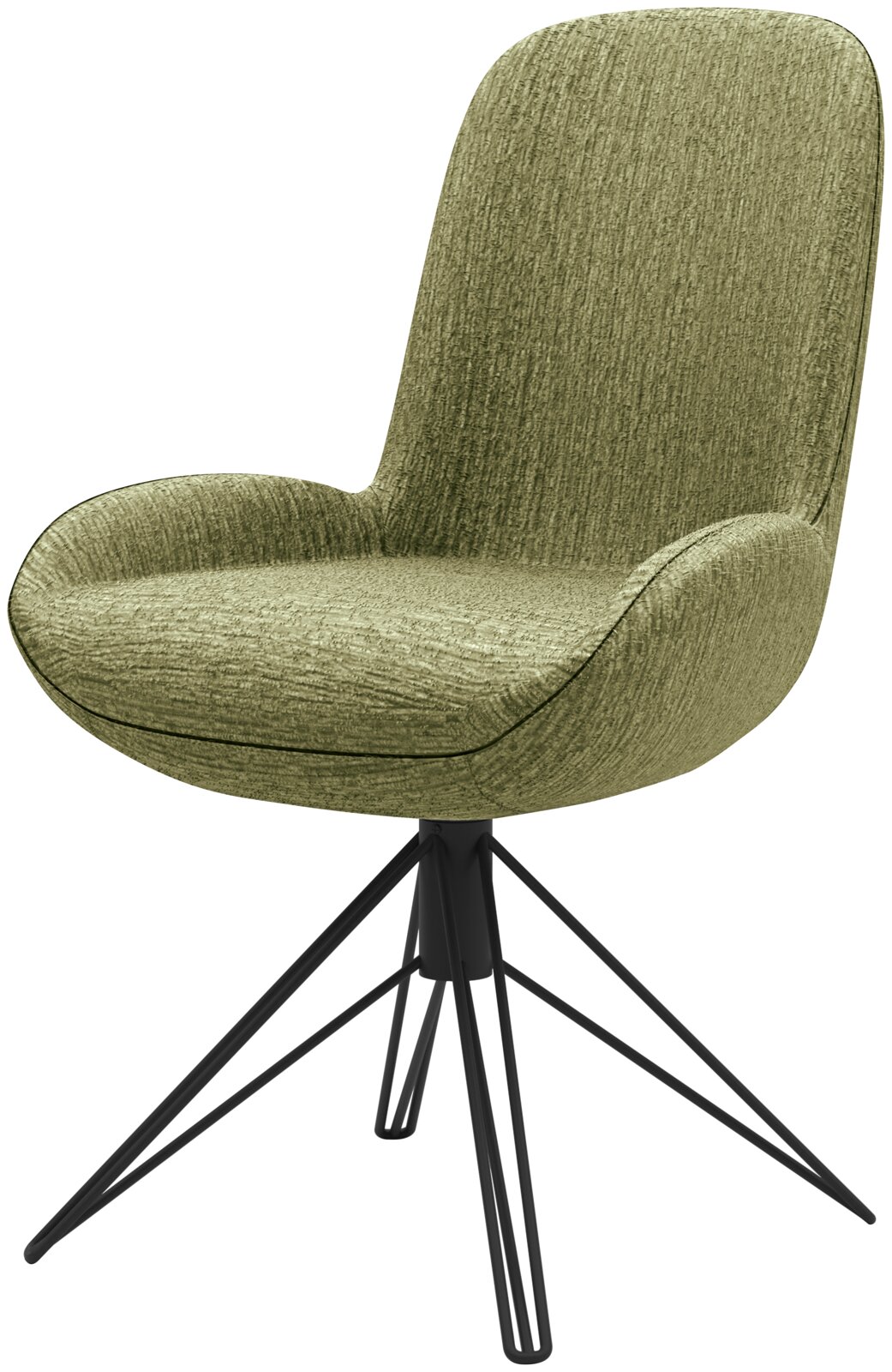 Moderner grüner Stuhl mit gepolsterter Sitzfläche und schwarzem Metallgestell, seitliche Perspektive