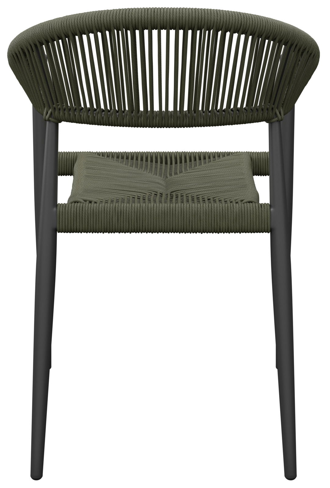Stapelsessel aus geflochtenem Material in dunklem Olivgrün, Ansicht von vorne