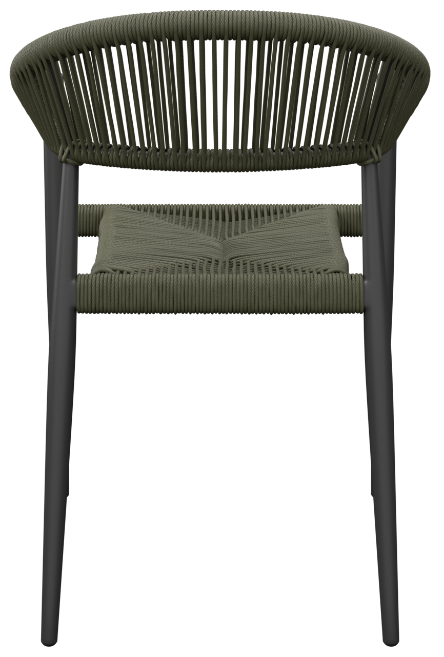 Stapelsessel aus geflochtenem Material in dunklem Olivgrün, Ansicht von vorne