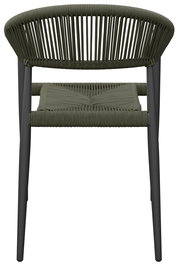 Stapelsessel aus geflochtenem Material in dunklem Olivgrün, Ansicht von vorne