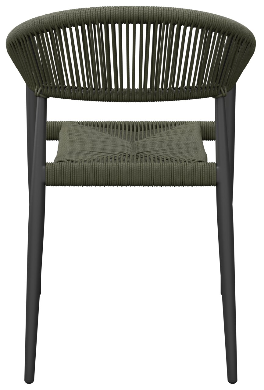 Stapelsessel aus geflochtenem Material in dunklem Olivgrün, Ansicht von vorne