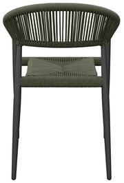 Stapelsessel aus geflochtenem Material in dunklem Olivgrün, Ansicht von vorne