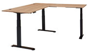 Moderner höhenverstellbarer Eckschreibtisch mit Holzfurnier und schwarzem Metallgestell, seitliche Perspektive