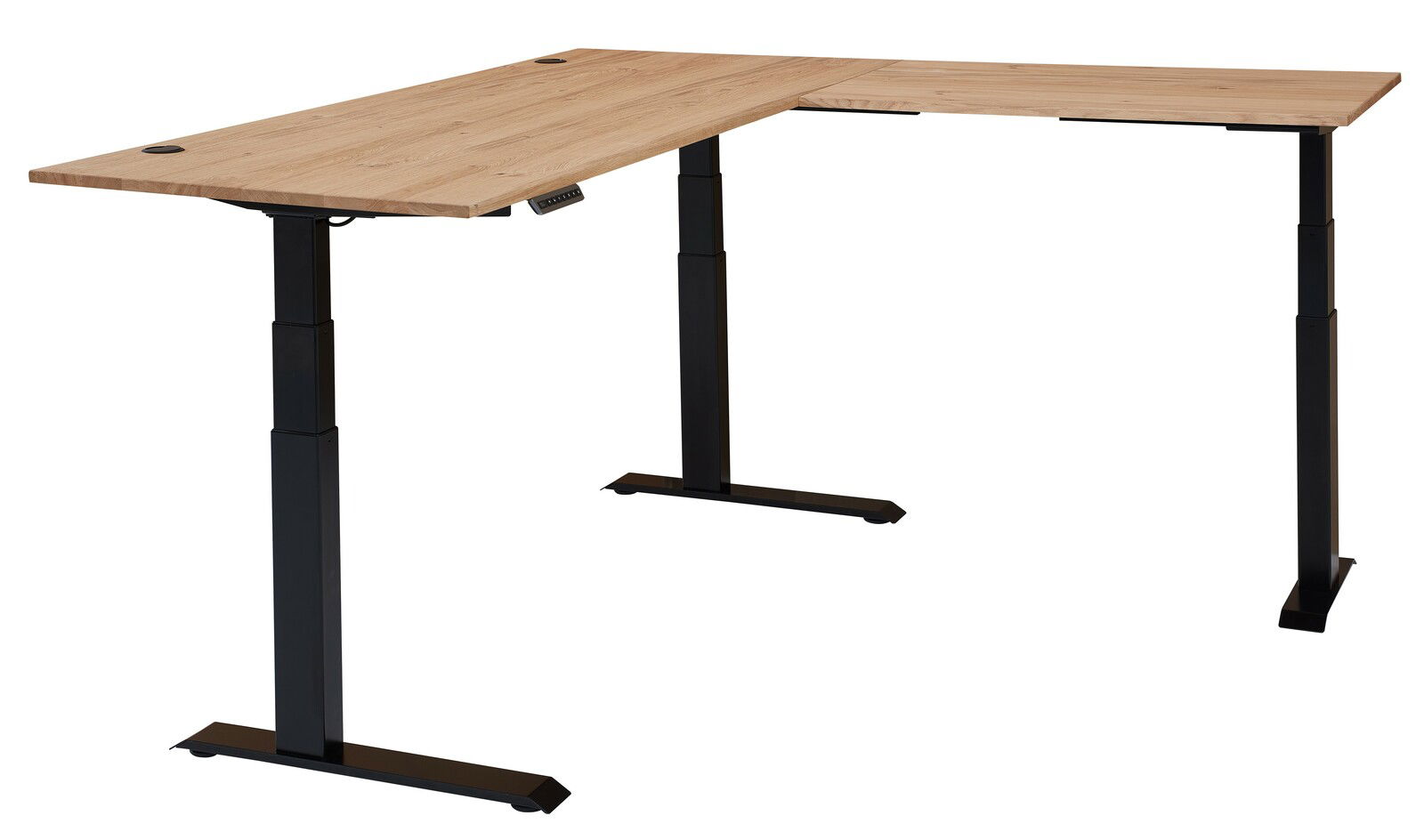 Moderner höhenverstellbarer Eckschreibtisch mit Holzfurnier und schwarzem Metallgestell, seitliche Perspektive