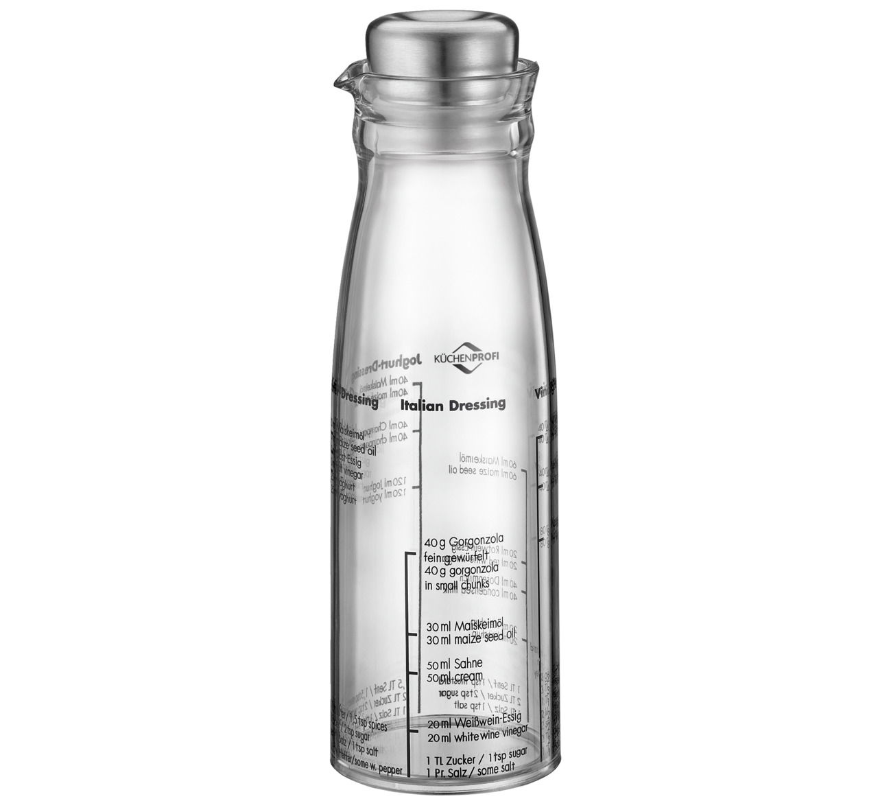 KÜCHENPROFI Dressing-Shaker Dressing-Shaker aus Glas mit Edelstahlverschluss, frontal abgebildet, mit aufgedruckten Rezepten für Dressings.