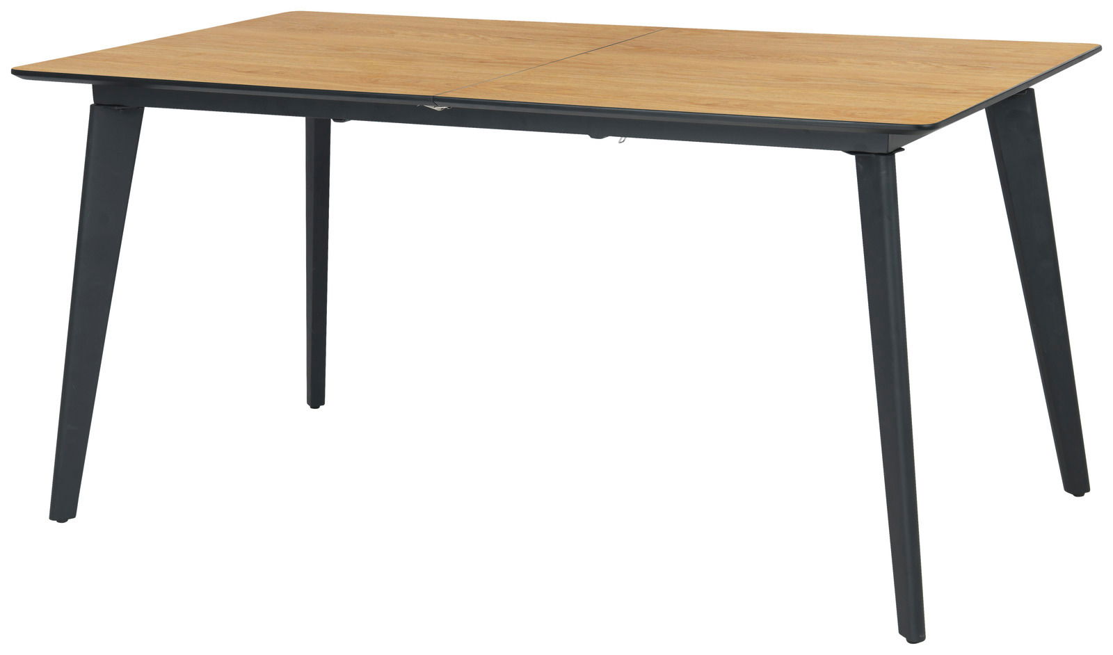 Moderner Esstisch mit Holzplatte und schwarzen Metallbeinen, seitliche Perspektive