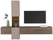 Moderne Wandkombination mit Holz- und Glaselementen, seitliche Perspektive, dekoriert mit Vase und Gläsern.