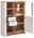 Weißes Highboard mit Holzelementen, zwei offenen Schubladen und zwei offenen Türen, beleuchtet von oben, Perspektive von vorne