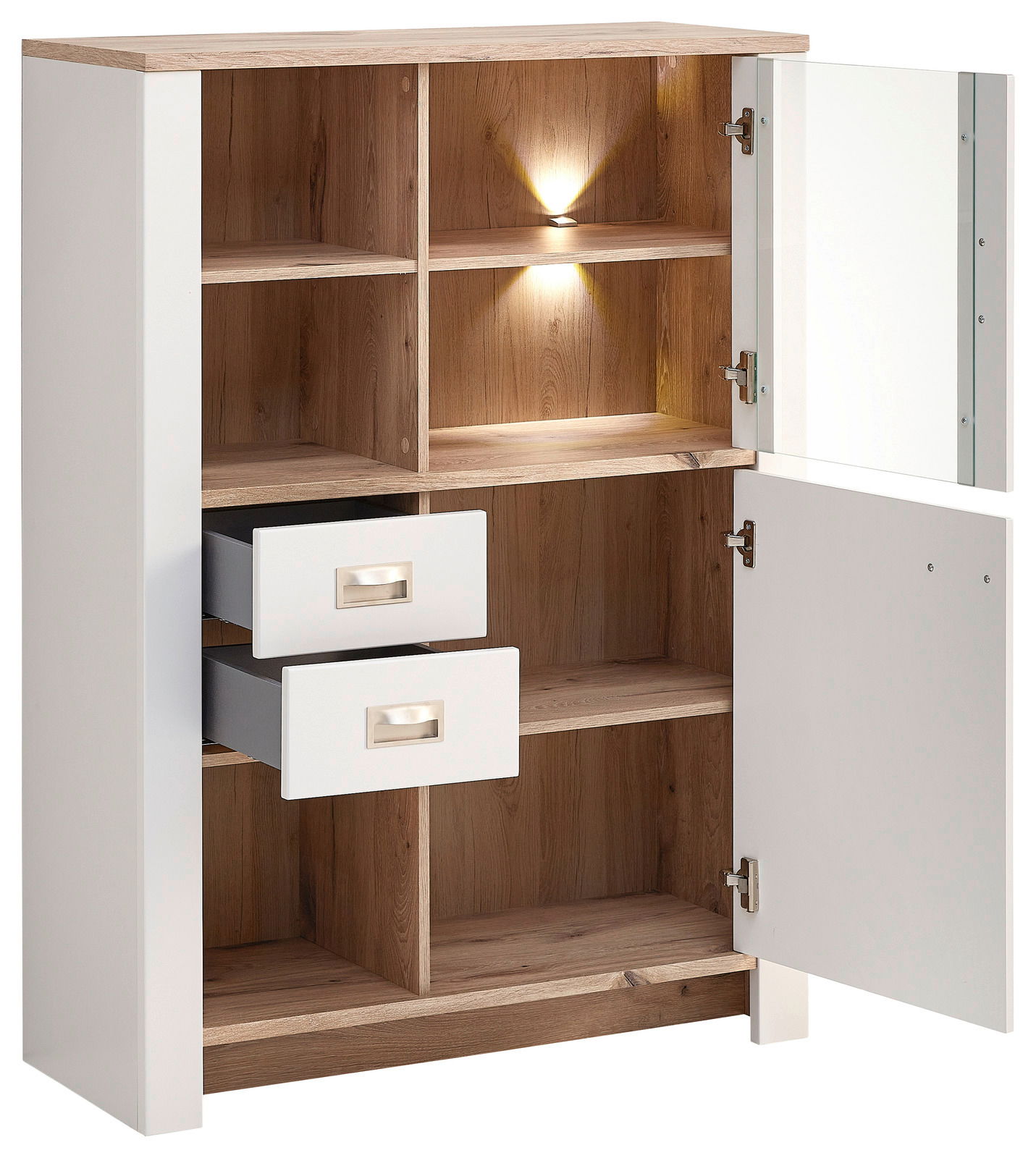 Weißes Highboard mit Holzelementen, zwei offenen Schubladen und zwei offenen Türen, beleuchtet von oben, Perspektive von vorne