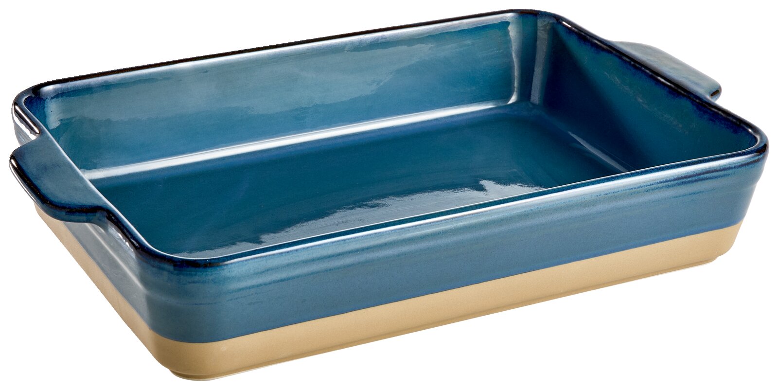 Homeware Auflaufform Rechteckige, zweifarbige Auflaufform aus Keramik in Blau und Beige, seitliche Perspektive