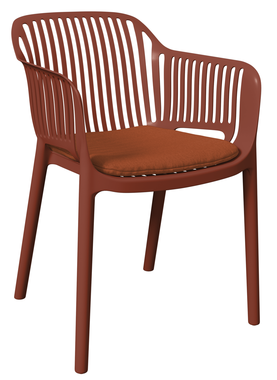 Roter Stapelsessel mit Armlehnen und gepolstertem Sitzkissen, seitliche Perspektive