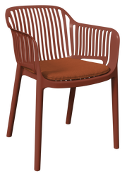 Roter Stapelsessel mit Armlehnen und gepolstertem Sitzkissen, seitliche Perspektive