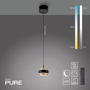 Moderne LED-Pendelleuchte in Schwarz mit einstellbarer Farbtemperatur von 2700K bis 5000K, aus der Seitenperspektive gezeigt. Inklusive Fernbedienung und Memory-Funktion.