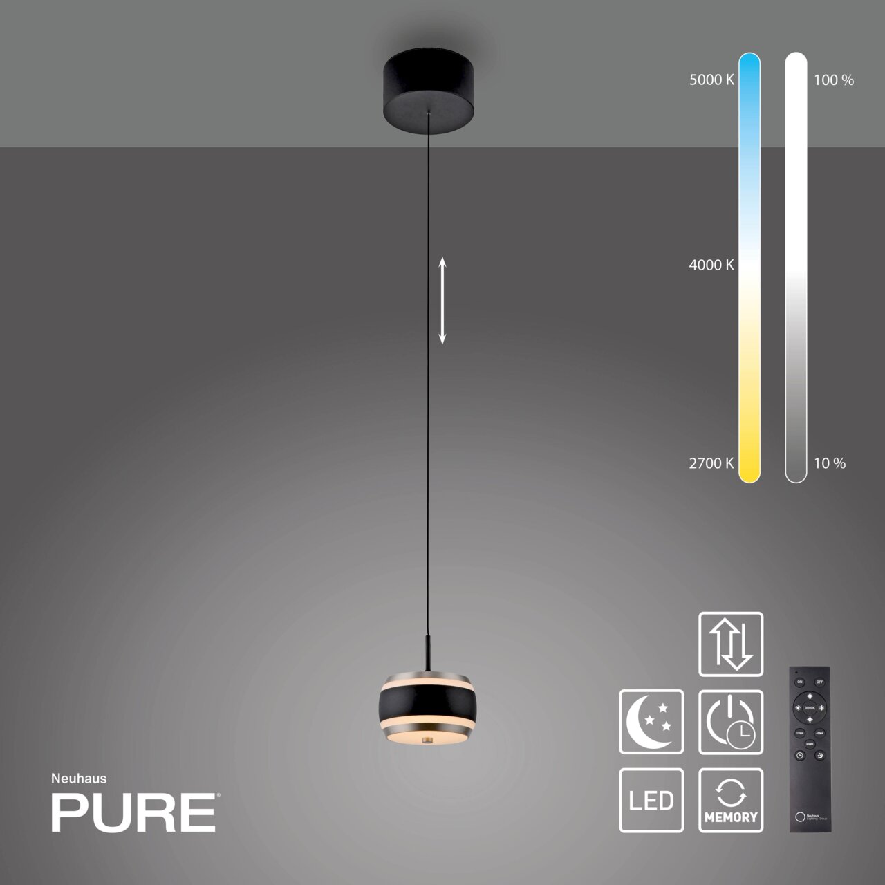 Moderne LED-Pendelleuchte in Schwarz mit einstellbarer Farbtemperatur von 2700K bis 5000K, aus der Seitenperspektive gezeigt. Inklusive Fernbedienung und Memory-Funktion.