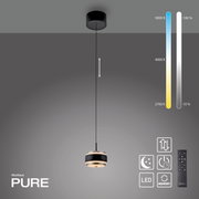 Moderne LED-hanglamp in zwart met instelbare kleurtemperatuur van 2700 K tot 5000 K, afgebeeld vanuit zijaanzicht. Inclusief afstandsbediening en geheugenfunctie.