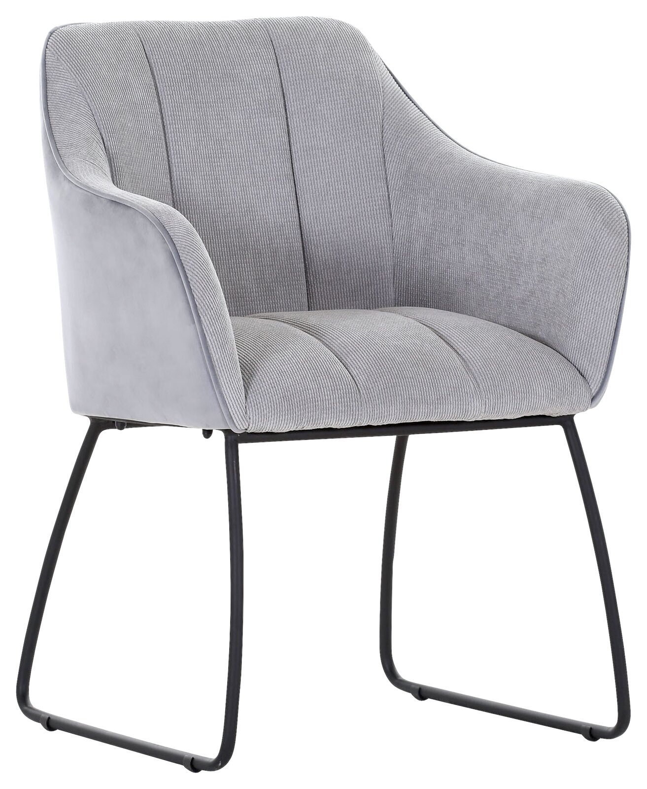 Novel Armlehnstuhl LAILA Grauer Armlehnstuhl mit modernem Design, gepolstertem Sitz und Rückenlehne, auf schwarzem Metallgestell. Perspektive von schräg vorne.