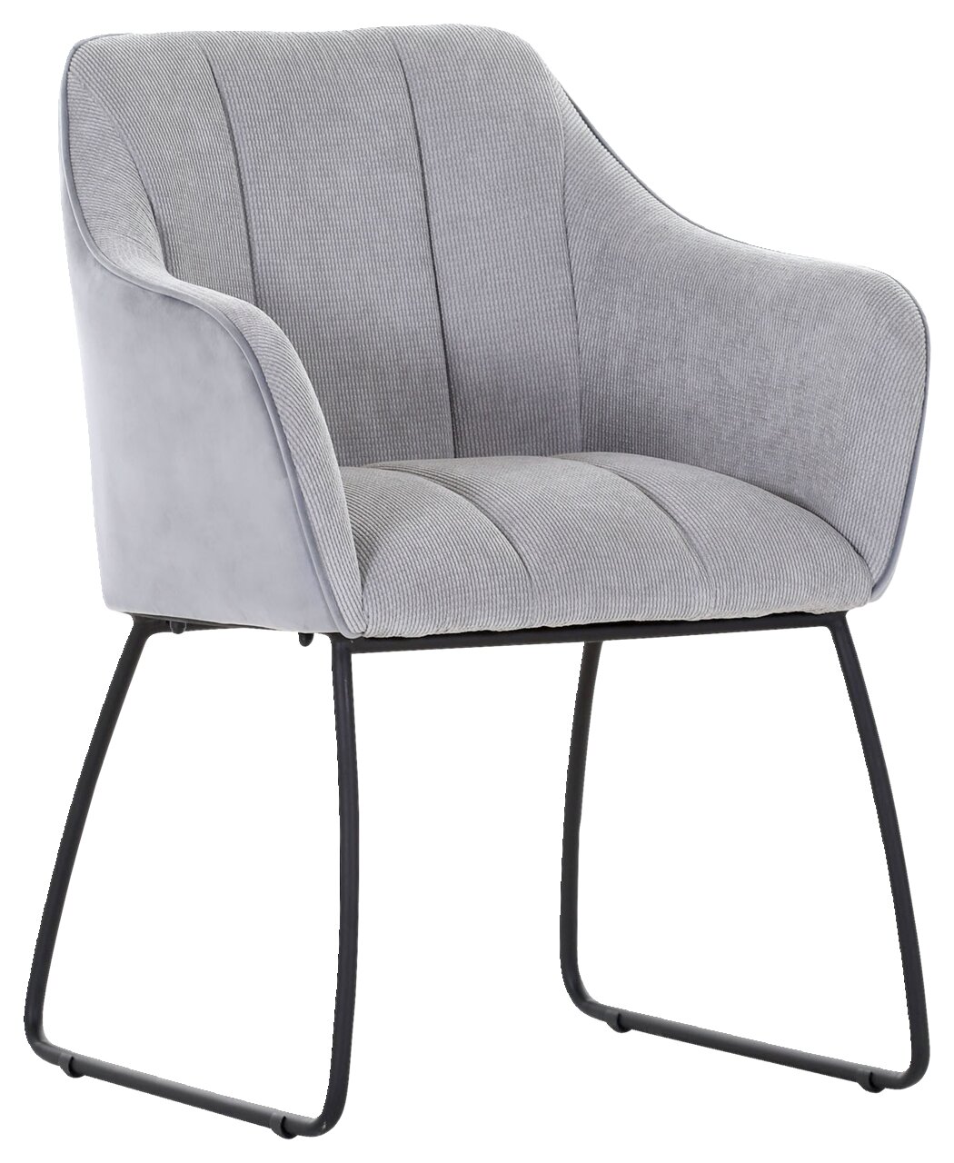 Novel Armlehnstuhl LAILA Grauer Armlehnstuhl mit modernem Design, gepolstertem Sitz und Rückenlehne, auf schwarzem Metallgestell. Perspektive von schräg vorne.