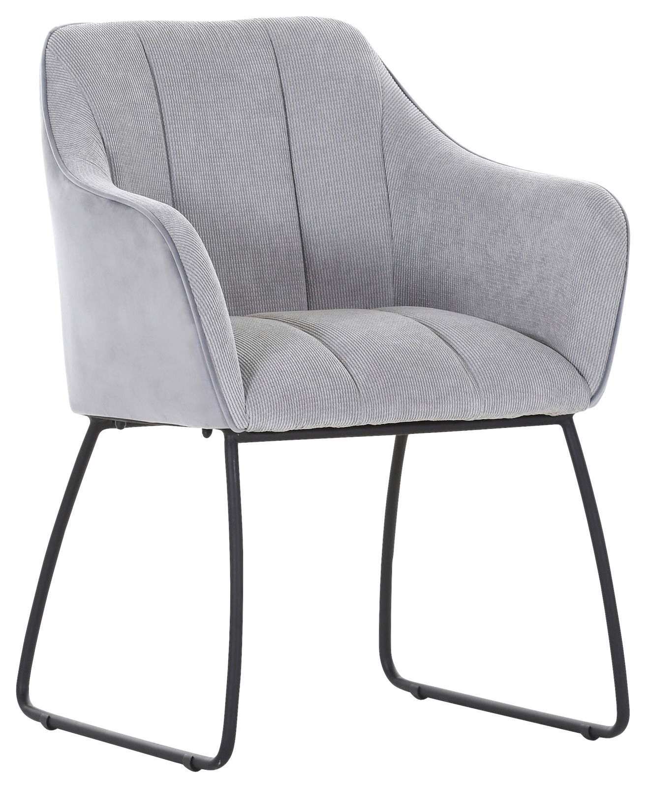 Grauer Armlehnstuhl mit modernem Design, gepolstertem Sitz und Rückenlehne, auf schwarzem Metallgestell. Perspektive von schräg vorne.