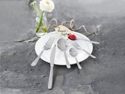 Besteckset Monza 30-tlg. auf einem weißen Teller, bestehend aus Messer, Gabel, Löffel und Teelöffel, mit einer Blume im Hintergrund, aus der Vogelperspektive fotografiert.