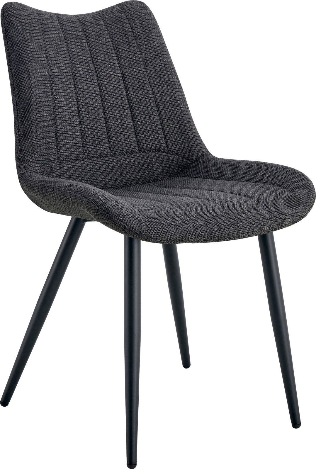 Gepolsterter Esszimmerstuhl in Dunkelgrau mit Stoffbezug, vertikaler Steppung und schwarzen Metallbeinen, freigestellt auf weißem Hintergrund, in schräger Vorderansicht