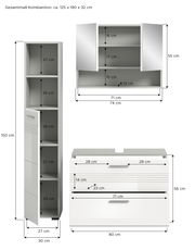 Badezimmermöbel-Kombination bestehend aus einem hohen Schrank, einem Spiegelschrank und einem Waschtischunterschrank, frontal abgebildet mit detaillierten Maßen.
