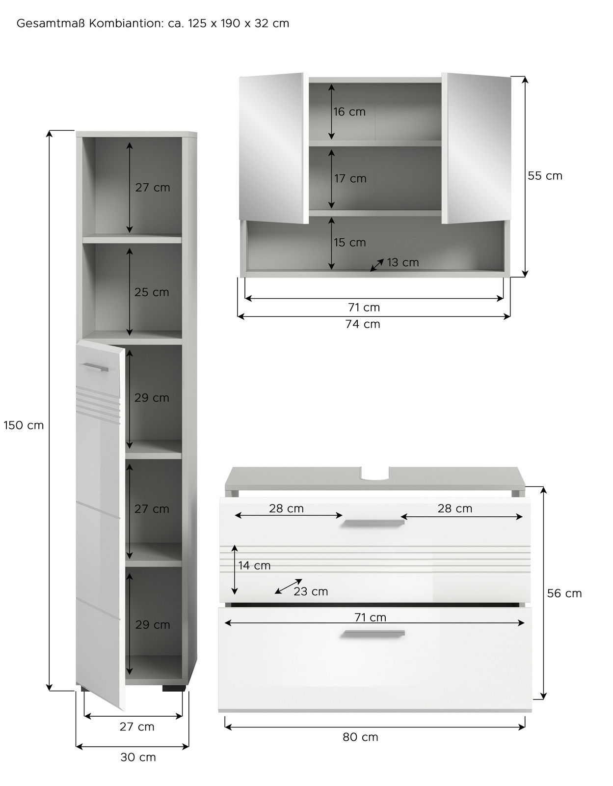 Badezimmermöbel-Kombination bestehend aus einem hohen Schrank, einem Spiegelschrank und einem Waschtischunterschrank, frontal abgebildet mit detaillierten Maßen.
