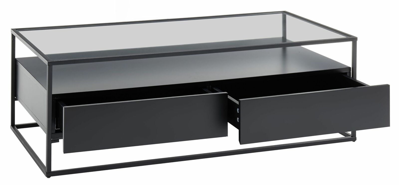 Moderner Couchtisch mit Glasplatte und zwei offenen Schubladen, seitliche Perspektive.