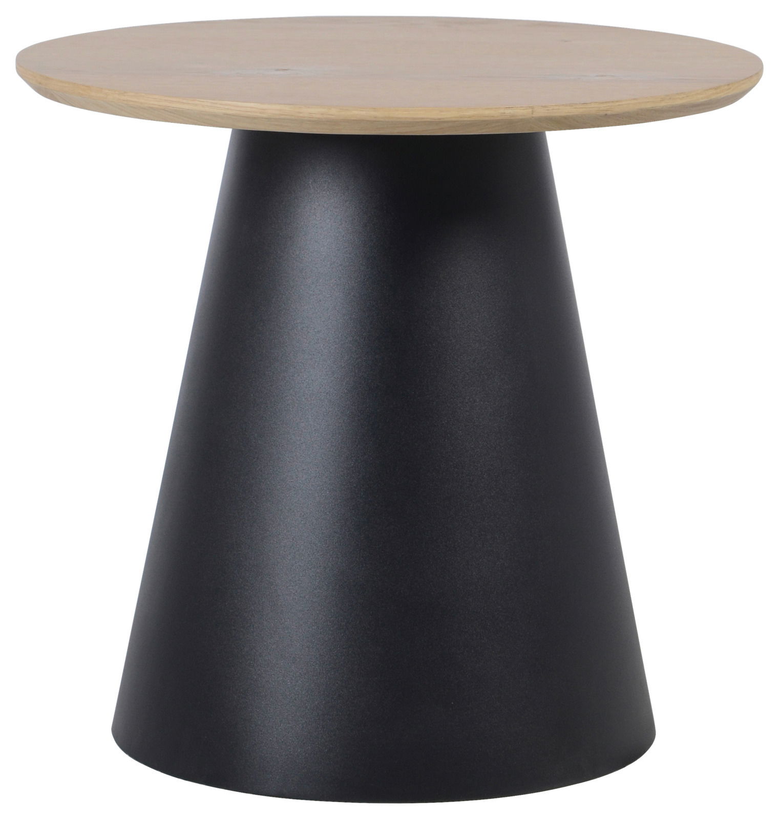 Moderner Beistelltisch mit runder Holzplatte und konischem schwarzen Metallfuß, Frontalansicht