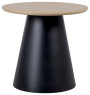 Moderner Beistelltisch mit runder Holzplatte und konischem schwarzen Metallfuß, Frontalansicht