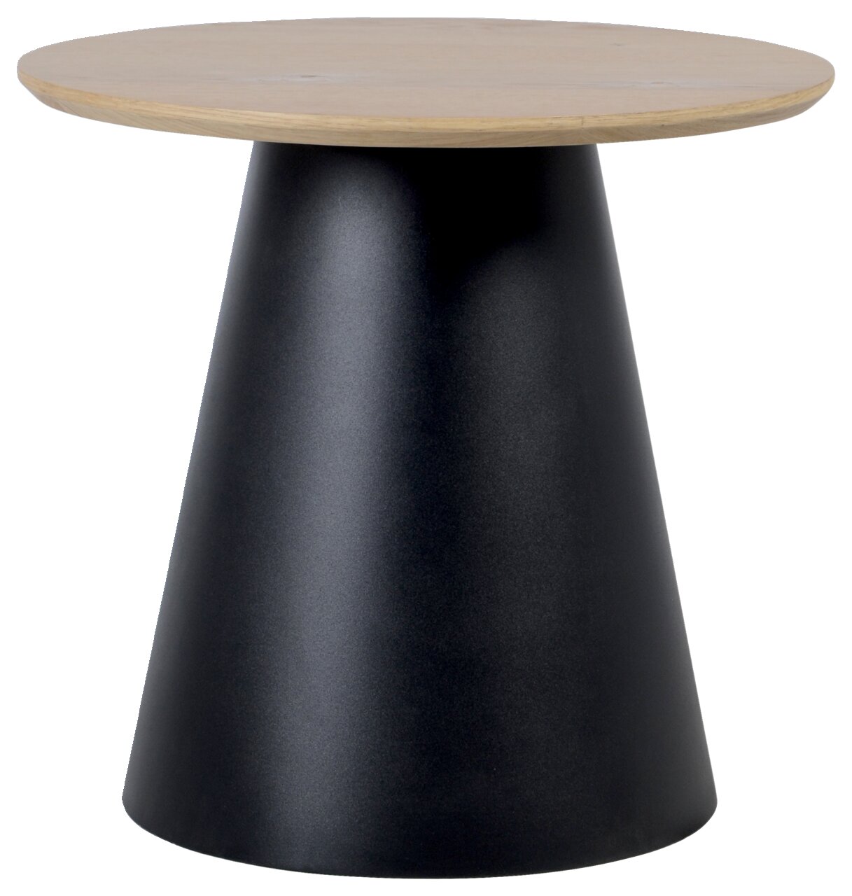 Moderne bijzettafel met rond houten blad en conische zwarte metalen voet, vooraanzicht