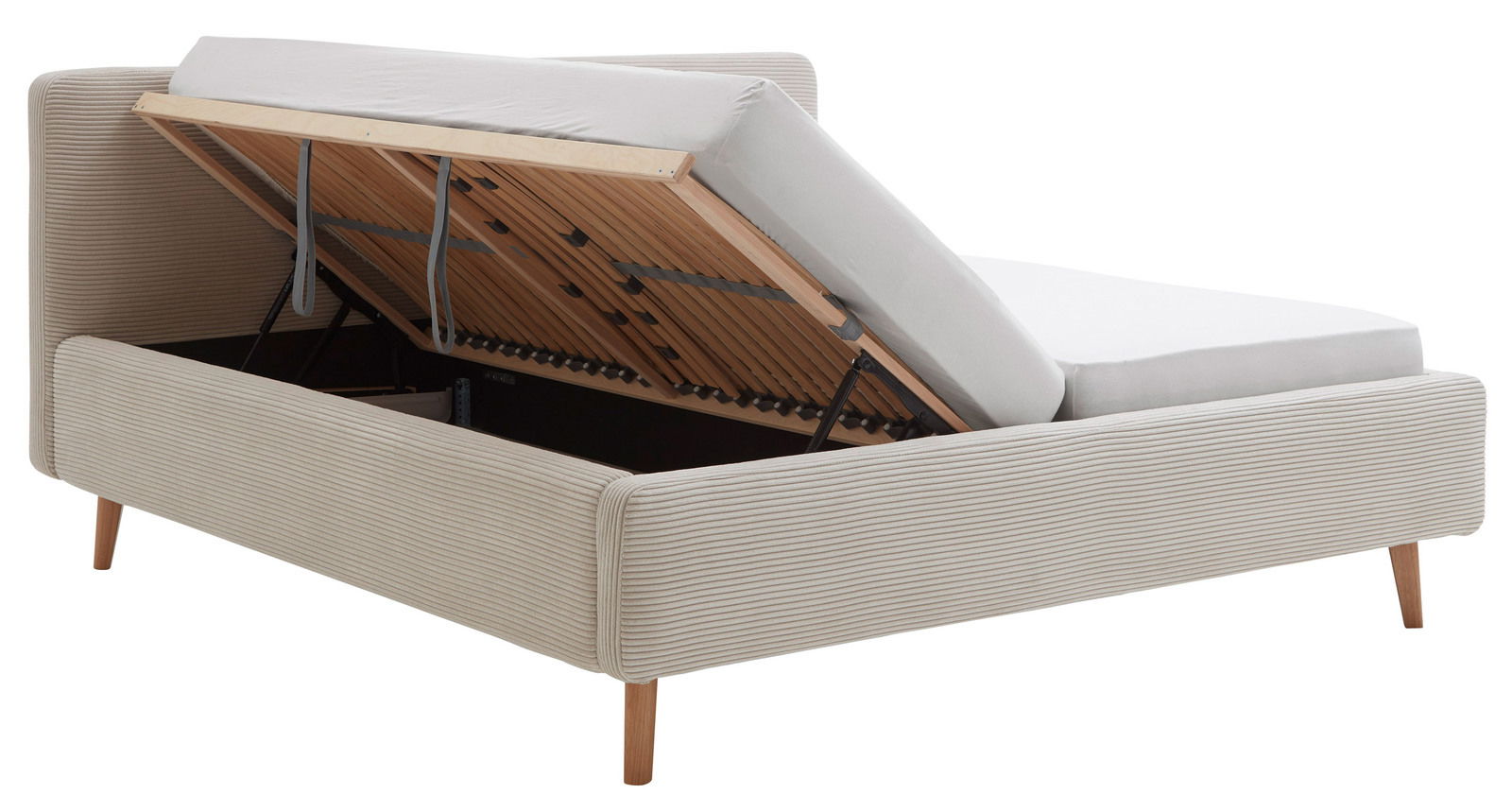 Polsterbett mit hochgeklappter Matratze und sichtbarem Stauraum, seitliche Perspektive