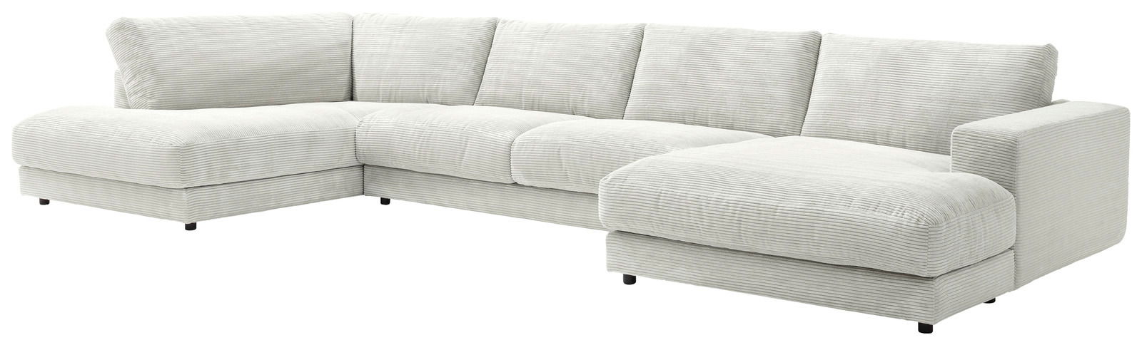 Großes, hellgraues Ecksofa mit U-Form, aus einer leicht erhöhten Perspektive fotografiert.