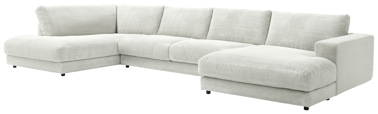 Großes, hellgraues Ecksofa mit U-Form, aus einer leicht erhöhten Perspektive fotografiert.