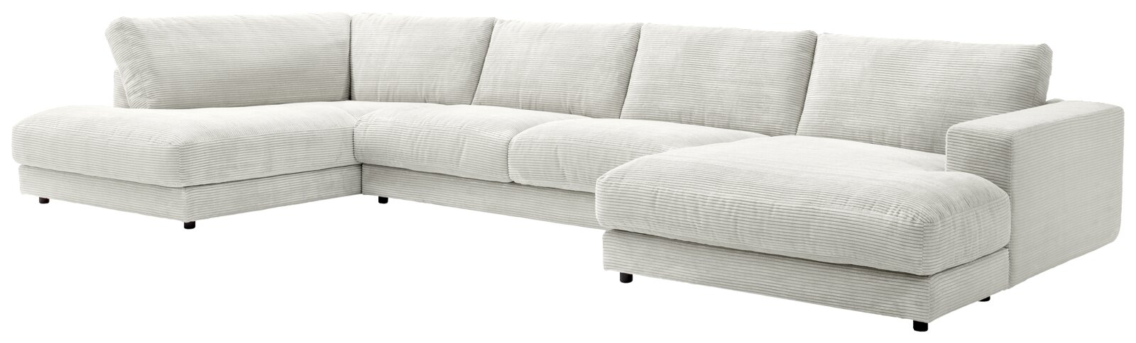 Großes, hellgraues Ecksofa mit U-Form, aus einer leicht erhöhten Perspektive fotografiert.