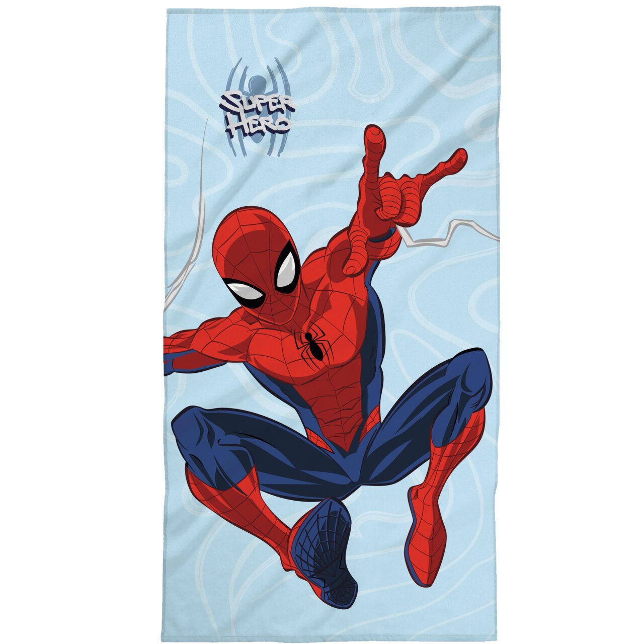 Duschtuch 70x140cm mit Superhelden-Motiv, zeigt eine dynamische Darstellung eines rot-blauen maskierten Helden in Aktion auf hellblauem Hintergrund, Frontalansicht.