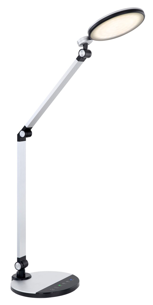 Moderne Tischleuchte mit verstellbarem Arm und rundem Leuchtkopf, seitliche Perspektive