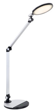 Moderne Tischleuchte mit verstellbarem Arm und rundem Leuchtkopf, seitliche Perspektive