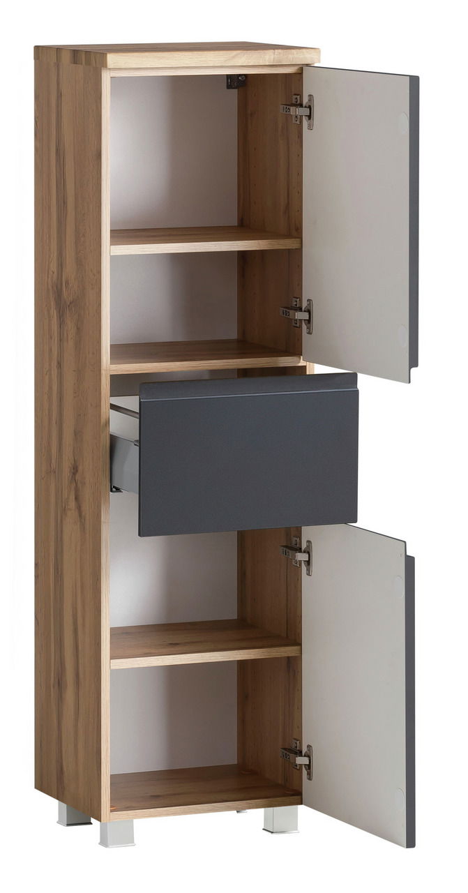 Midischrank aus Holz mit zwei offenen Türen und einer Schublade, seitliche Perspektive