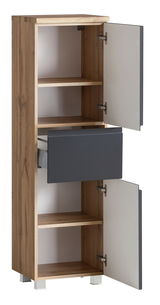 Midischrank aus Holz mit zwei offenen Türen und einer Schublade, seitliche Perspektive