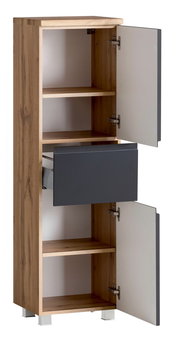 Midischrank aus Holz mit zwei offenen Türen und einer Schublade, seitliche Perspektive