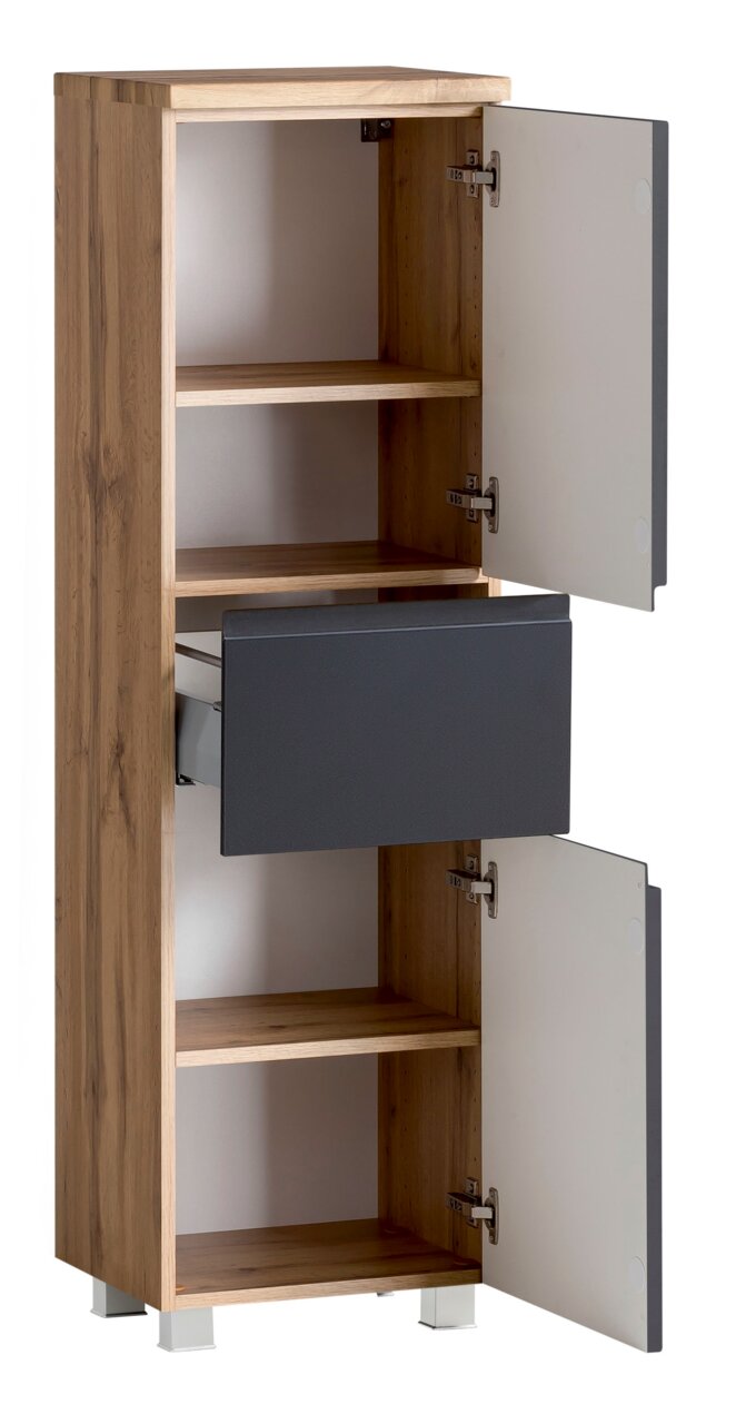 Midischrank aus Holz mit zwei offenen Türen und einer Schublade, seitliche Perspektive
