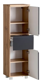 Midischrank aus Holz mit zwei offenen Türen und einer Schublade, seitliche Perspektive