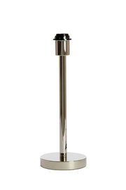 Moderner Lampenfuß aus Metall in glänzendem Silber, frontal abgebildet.