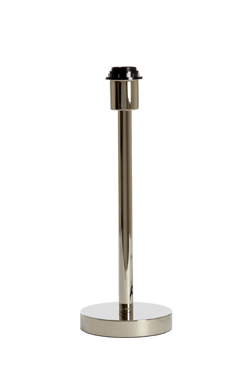 Moderner Lampenfuß aus Metall in glänzendem Silber, frontal abgebildet.