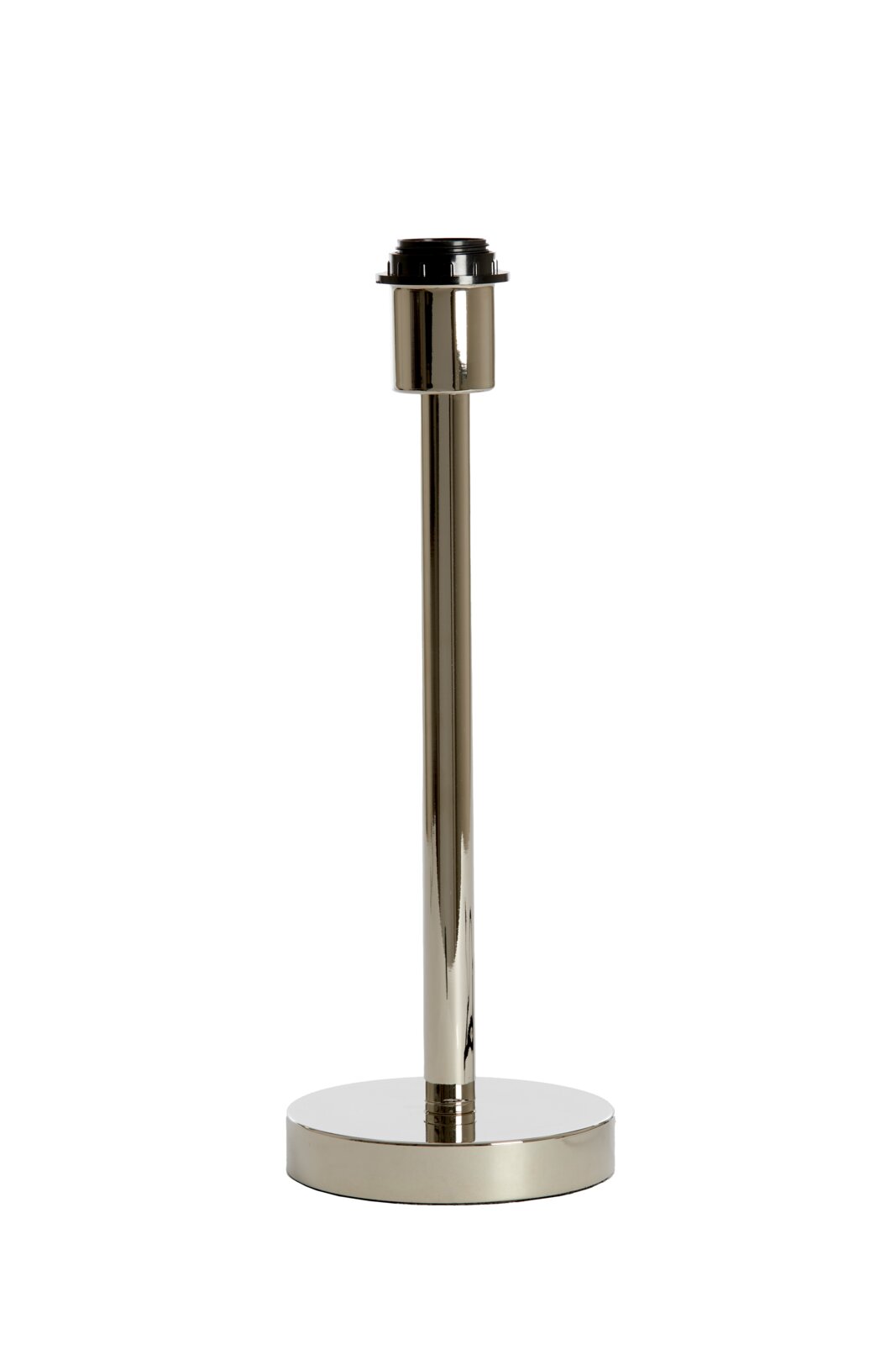 Moderner Lampenfuß aus Metall in glänzendem Silber, frontal abgebildet.