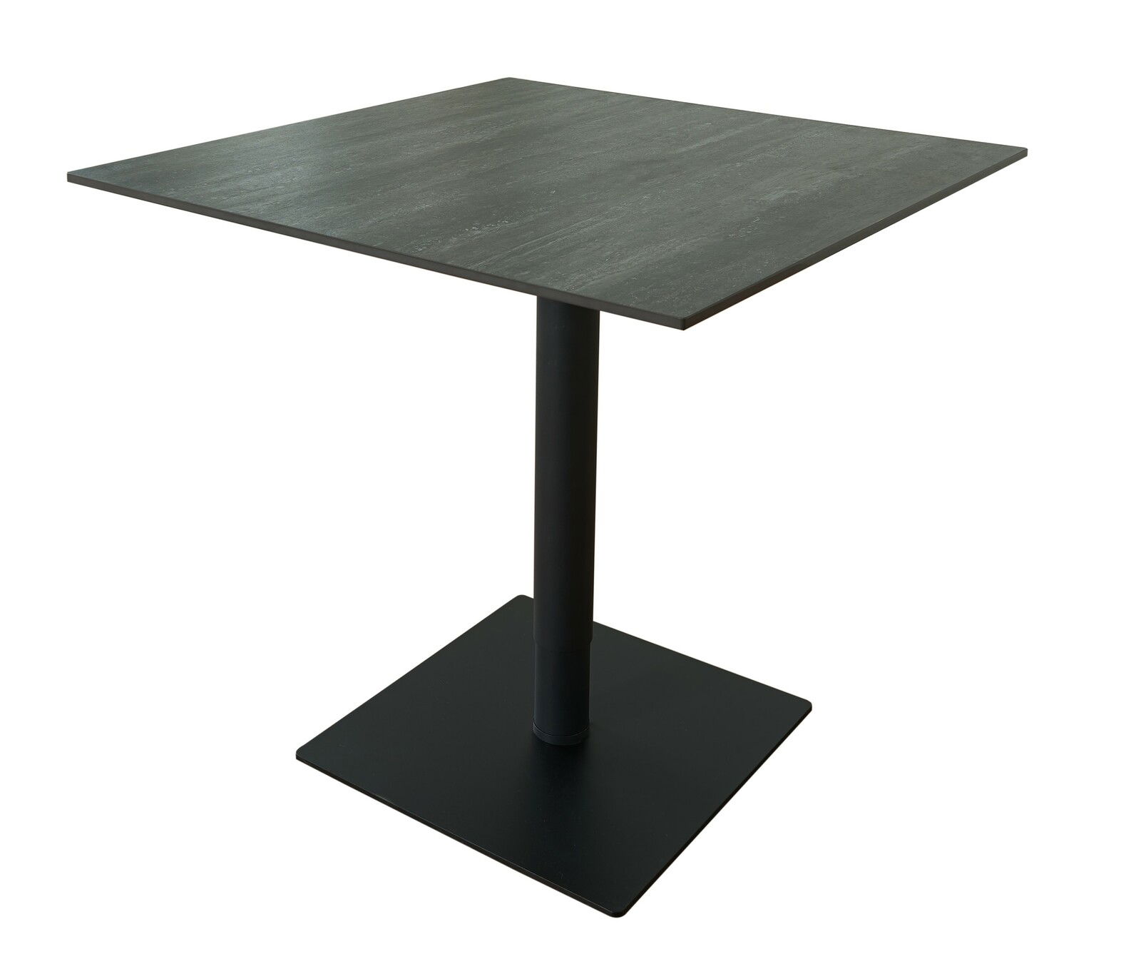 Moderner quadratischer Bartisch mit schwarzer Tischplatte und stabilem Mittelfuß, seitliche Perspektive