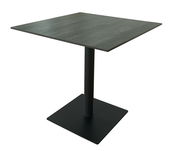 Moderner quadratischer Bartisch mit schwarzer Tischplatte und stabilem Mittelfuß, seitliche Perspektive