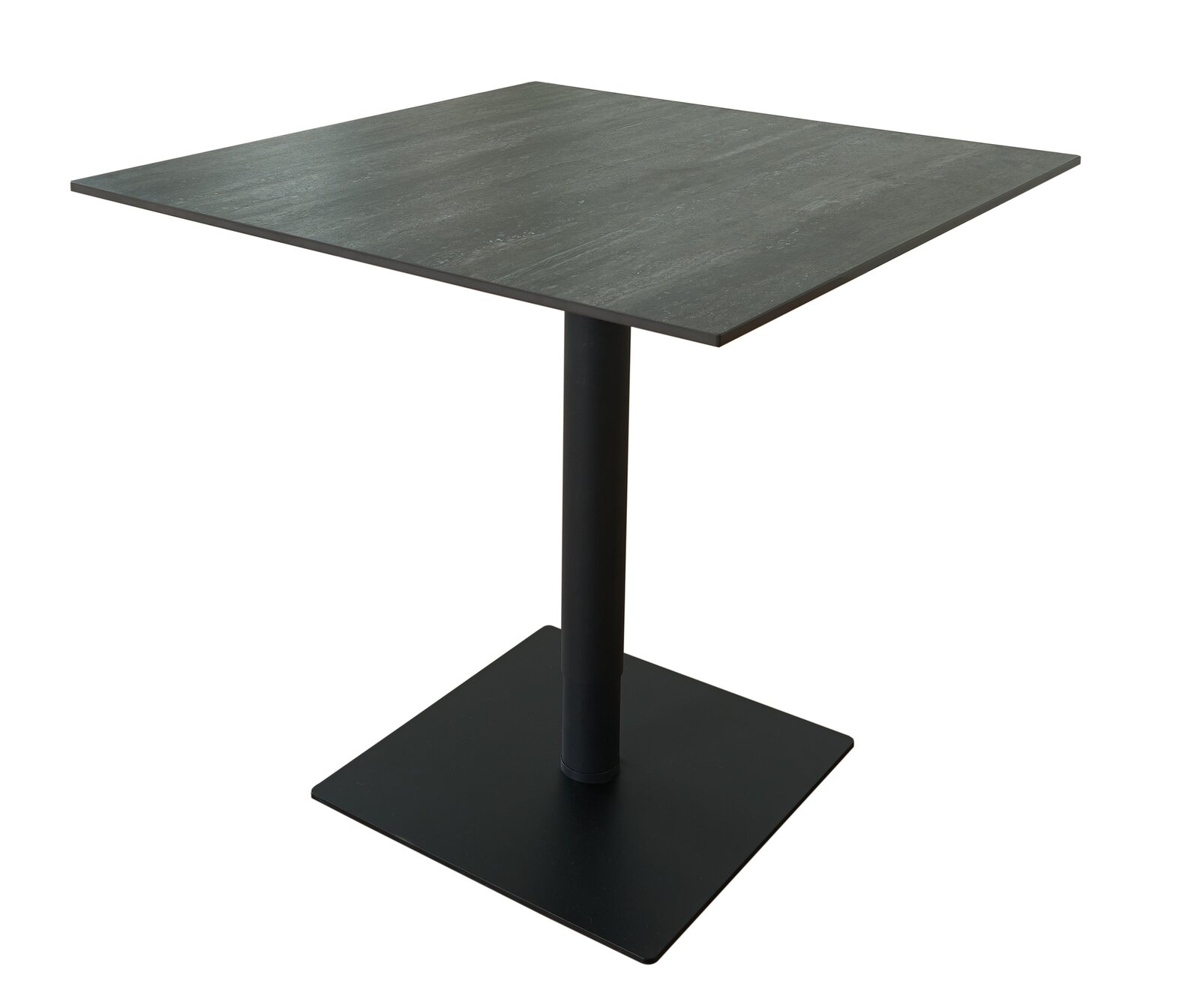 Novel Ess-/Bartisch DAVID -höhenverstellbar Moderner quadratischer Bartisch mit schwarzer Tischplatte und stabilem Mittelfuß, seitliche Perspektive